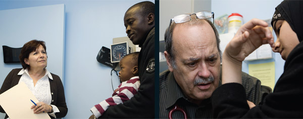Nurse Jennifer D'Andrade and Dr. Paul Caulford consult with patients at the volunteer clinic in Scarborough. Photos by Arantxa Cedillo.