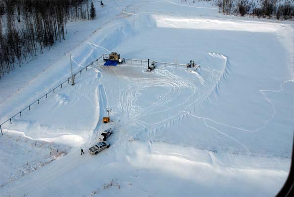 A natural gas well head near Dawson Creek, B.C., site of a deliberate blast that partially destroyed the well's metering shed on January 4, 2009. Photo source: RCMP.
