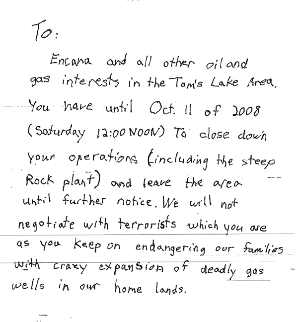 Letter from the bomber that preceded the first blast at an EnCana facility.