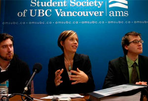 University of B.C. graduate Tristan Markle (left), Pivot Legal Society lawyer Katrina Pacey and UBC Alma Mater Society President Blake Frederick, Thursday, November 26, 2009. Image via Vancouver Sun.