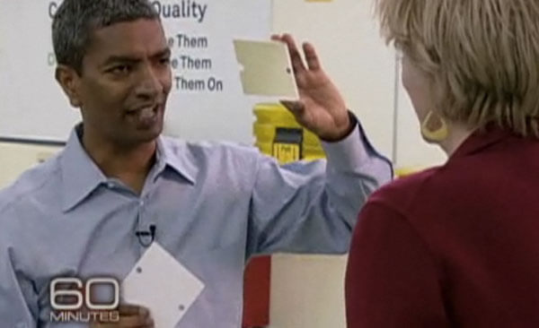 K.R. Sridhar of Bloom Energy shows off a component of his "Bloom Box" to 60 Minutes' Leslie Stahl.
