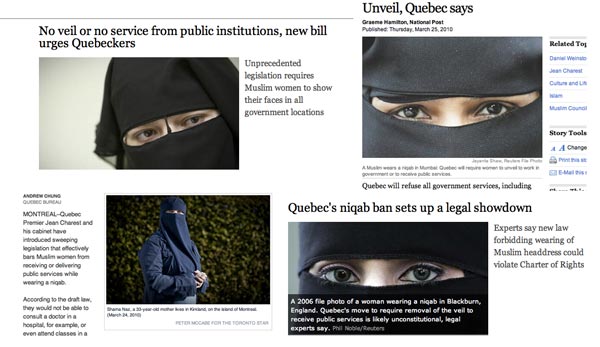 Newspaper photo editors show their creativity when selecting images for this story. Bottom left is from the Star, that actually dispatched a photographer instead of using the file-photo cliché of "eyes peeking through veil"