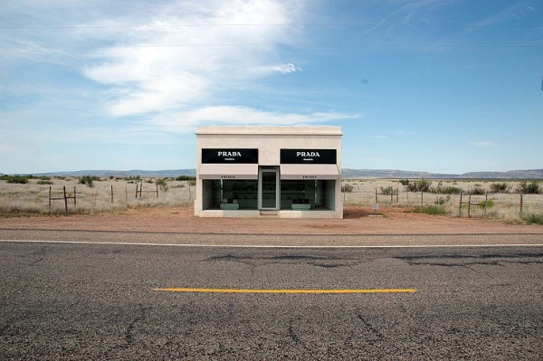 Prada Marfa, one of Marfa, Texas' notable artworks. Marfa became a modern art destination when Donald Judd opened a museum there in the 1970s.
