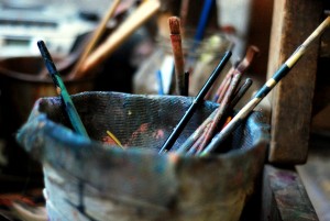Paint brushes in Bassam and Zahra's Damascus studio.