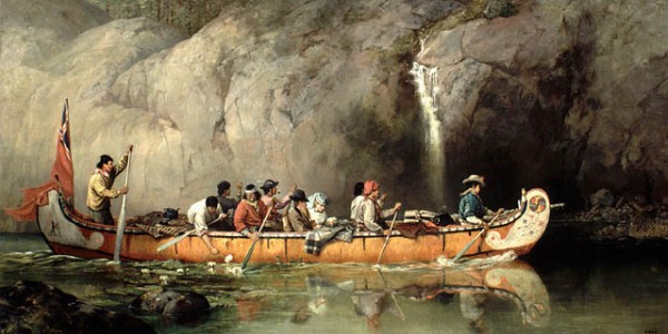 "Canoe manned by voyageurs passing a waterfall" by Frances Anne Hopkins. Courtesy National Archives of Canada.