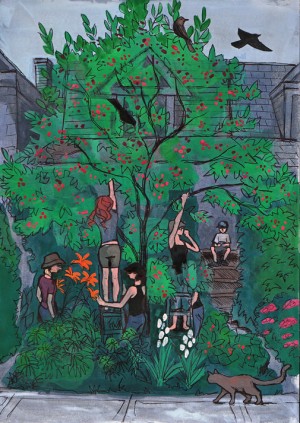 Not Far From the Tree volunteers picking serviceberries in the city. Illustration by Lindsay Campbell.