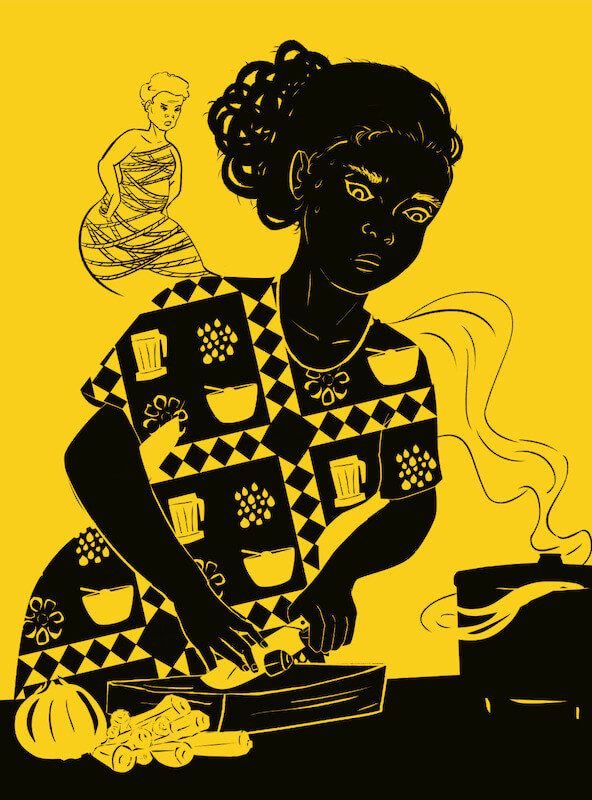 A woman in a patchwork dress cooks with a worried expression while an apparition of her mother lectures over her shoulder