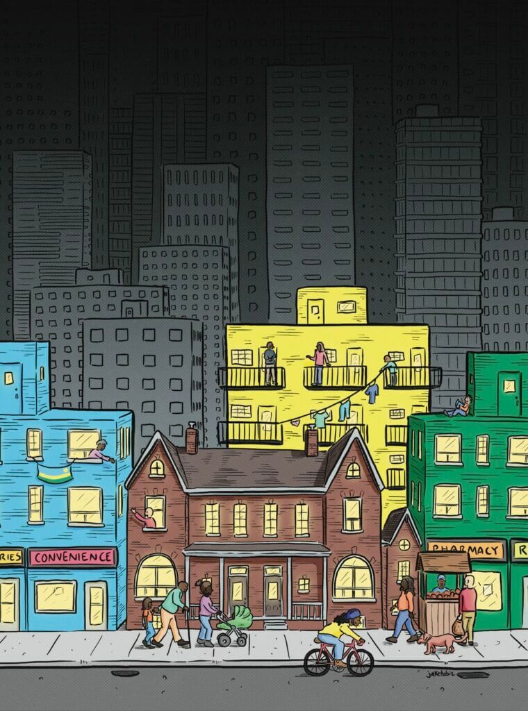 Rwandese people chat, walk and care for their children in a bright, green, red, and blue segment of Toronto