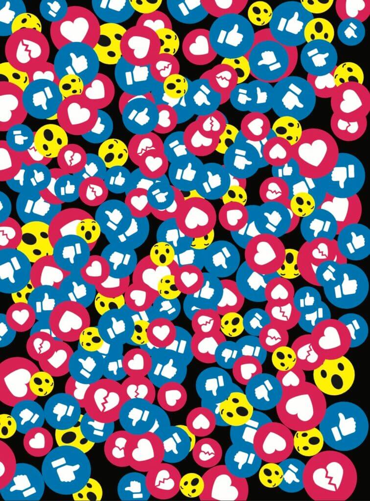 A flurry of "likes" (thumbs up), hearts, and surprised faces compete for attention